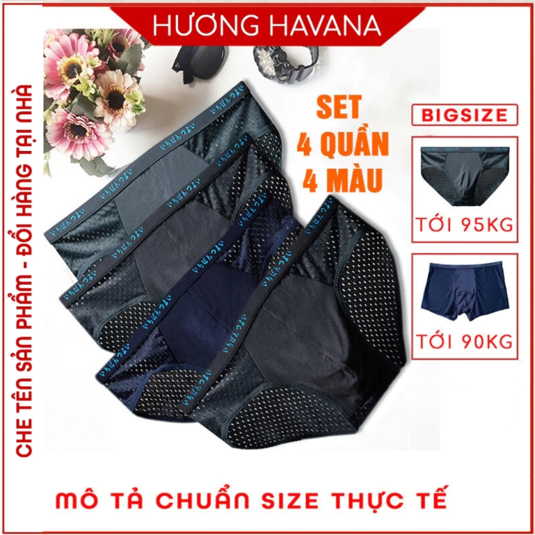 Set 4 quần lót nam thông hơi - quần sịp nam tam giác đùi nhật bản - có size lớn MLQ01