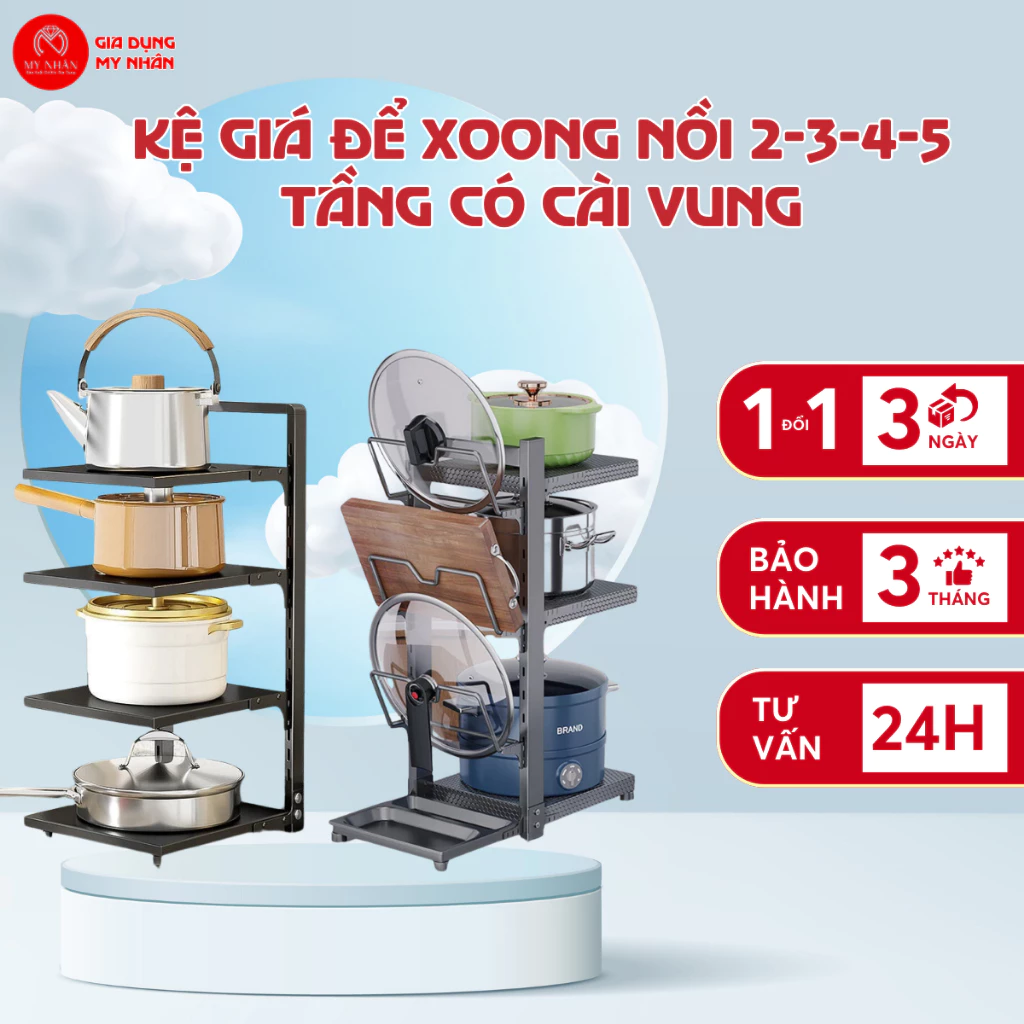 Kệ Giá Để Xoong Nồi Chảo 2-3-4-5 Tầng Có cài vung, Dùng Để Trên Kệ Bếp, Gầm Bếp, Góc Bếp