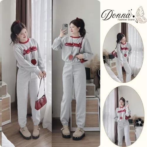 set đồ nữ mùa đông , đồ bộ nữ áo dài tay chát nỉ màu kem sáng thêu chữ cổ tròn viền đỏ xinh xắn Donna hcom3701
