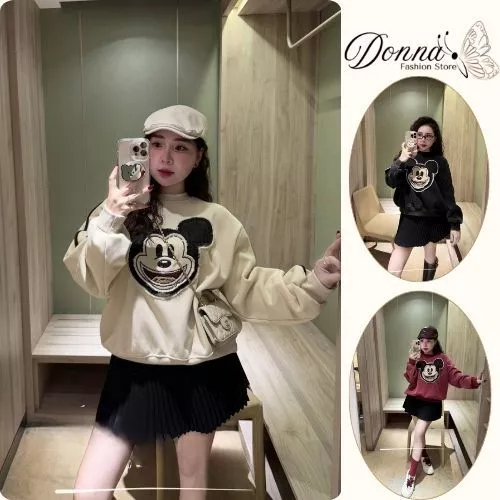 áo nỉ nữ , áo thu đông nữ dài tay cổ tròn thêu hình mikey nhiều màu chất vải mền mại Donna hcom3678