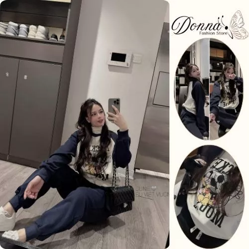 set đồ nữ mùa đông , đồ bộ nữ in hình mikey màu xanh than , đen dài tay cổ tròn chất nỉ cao cấp Donna hcom3709