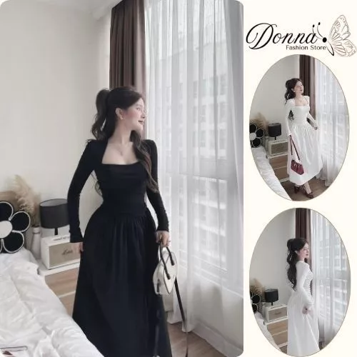 váy nữ , đầm nữ thu đông dài tay dáng xòe đuôi cá cổ vuông siêu sang đi chơi dự tiệc Donna Hcom3712
