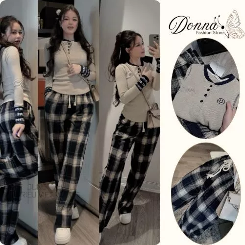 đồ bộ nữ,set đồ nữ mùa đông áo dài tay cổ tròn chất thun tăm cúc ngực mix quần kẻ caro Dona Hcom3717