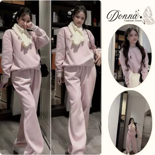 đồ bộ nữ , set đồ nữ mùa đông áo kem viền đen cổ tròn phong cách trẻ trung hiện đại Donna Hcom3714