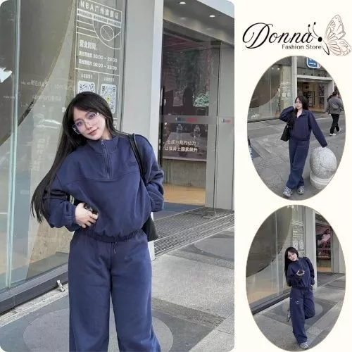 đồ bộ nữ, set đồ nữ mùa đông màu xanh đậm cổ áo 2 phân kéo khóa mix quần cạp chun Donna Hcom3722