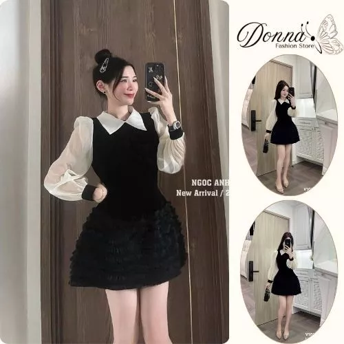 váy nữ sang chảnh, đầm tiểu thư dài tay dáng ngắn xòe cổ sơ mi phong cách Hàn Quốc Donna hcom3404