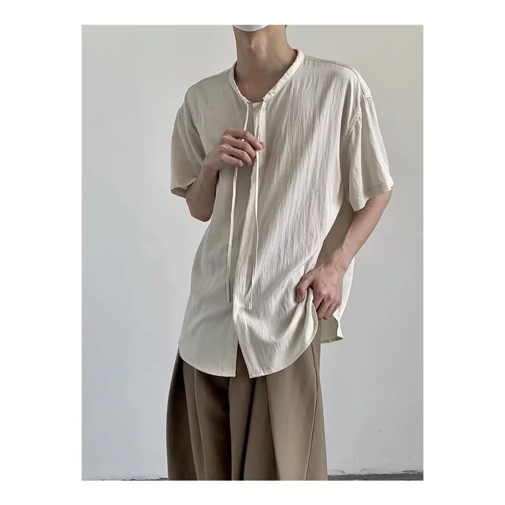 Áo Sơ Mi Ngắn Tay Vải Đũi Phối Dây Cổ Mùa Hè Unisex Menswear, The YVIEN YV001