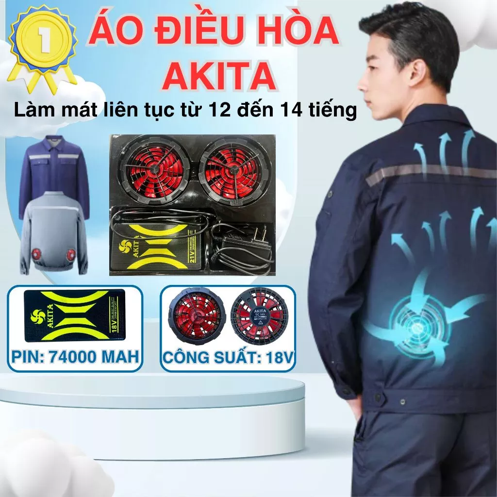 Áo điều hòa Akita Nhật Bản chính hãng, áo quạt điều hòa sử dụng liên tục 12-14h cực bền pin 74000mah