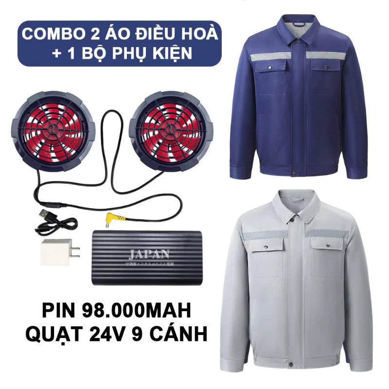 Combo Bộ 2 Áo Điều Hòa + 1 Bộ Phụ Kiện Quạt Điều Hòa Nhật Bản Cao Cấp, 98.000mAh, Quạt 25V Siêu Mạnh, Chạy 15-17H