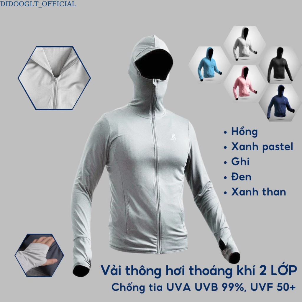 Áo Chống Nắng Nam 2 Lớp Rico, Áo Khoác Chống Nắng Nam Nữ Cao Cấp Chống Tia UV Khoá Kéo Cổ Cao