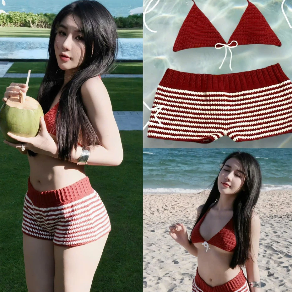Set Bikini Len 2 Món Hot Trend 2025 – Áo tam giác dây rút phối ren trắng & Quần short sọc đỏ đô phong cách sexy