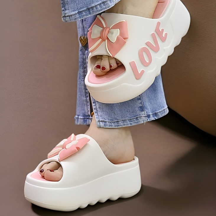 Dép bánh mì nữ hình nơ cute đế độn 4cm chống trơn chất liệu PVC không thấm nước [Lù store] - 6829 NƠ - Hình 5