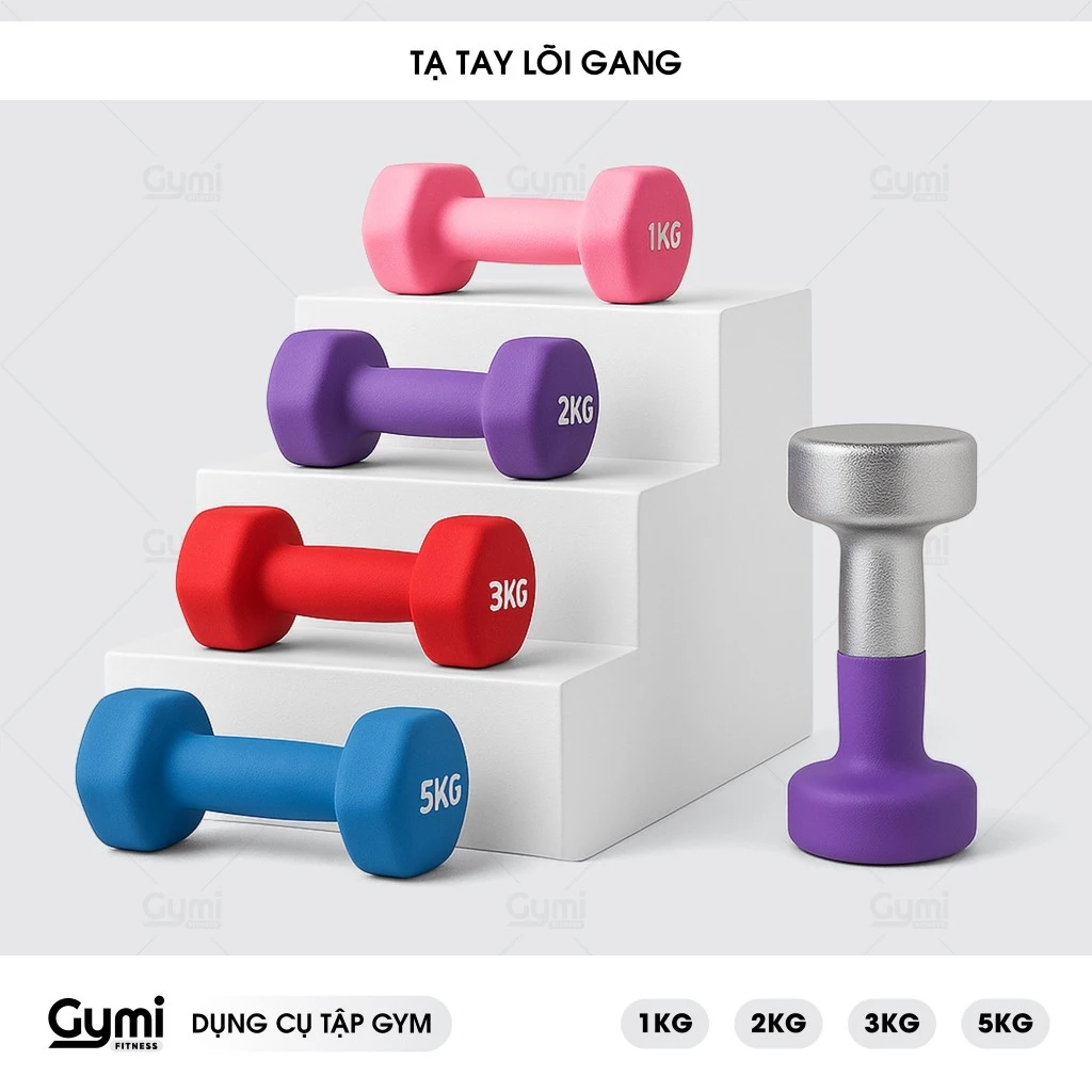 Tạ Tay Nữ Bọc Cao Su Chống Trượt [1 Cái] - Tạ Gang Tập Gym Yoga 1kg, 2kg, 3kg, 5kg - GYMI- DỤNG CỤ TẬP GYM