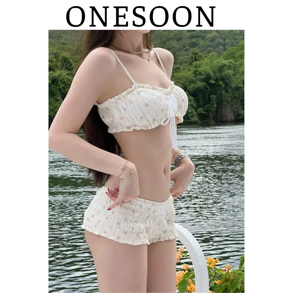 [Sẵn - HỎA TỐC HÀ NỘI] ONESOON Set bikini 2 món soc caro hai dây kèm quần short ngắn nhún co giãn sexy, đồ bơi cá tính