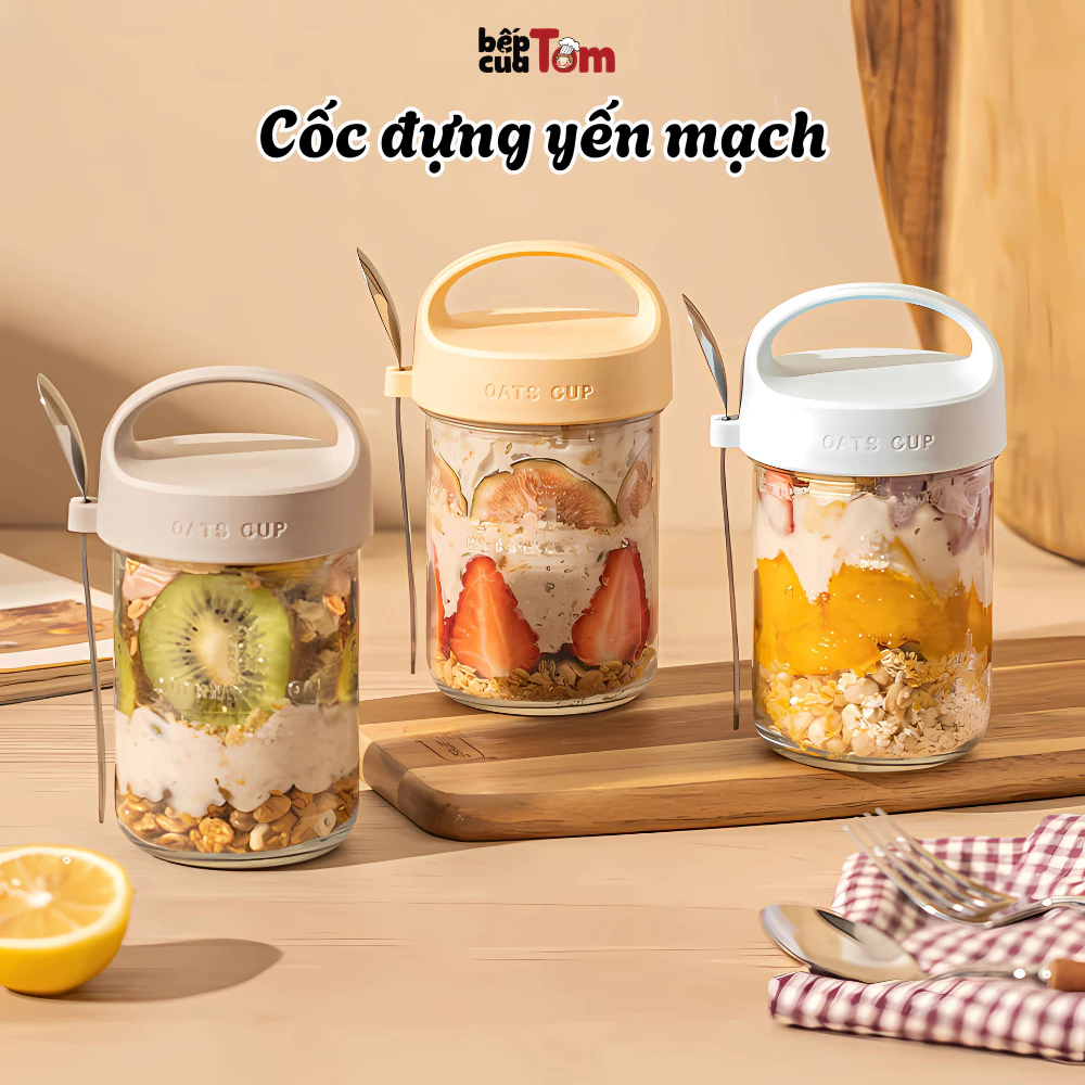 Cốc Đựng Ngũ Cốc Chất Liệu Thuỷ Tinh Trong Suốt Tặng Kèm Thìa, Hũ Đựng Yến Mạch, Bình Đựng Sữa Chua 430ml Có Nắp Đậy Kín