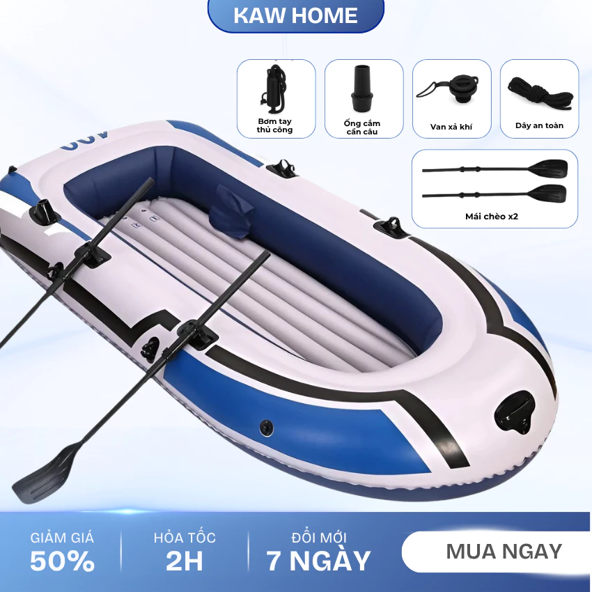 Thuyền phao xuồng bơm câu cá KAW 2 người lớn dày rộng cao cấp chắc chắn + phụ kiện