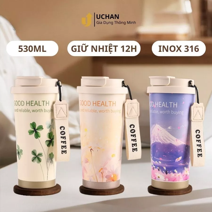 Cốc giữ nhiệt in hoa chống tràn Giữ nóng lạnh lâu đến 12h Phù hợp mang đi làm đi học tặng quà LY07