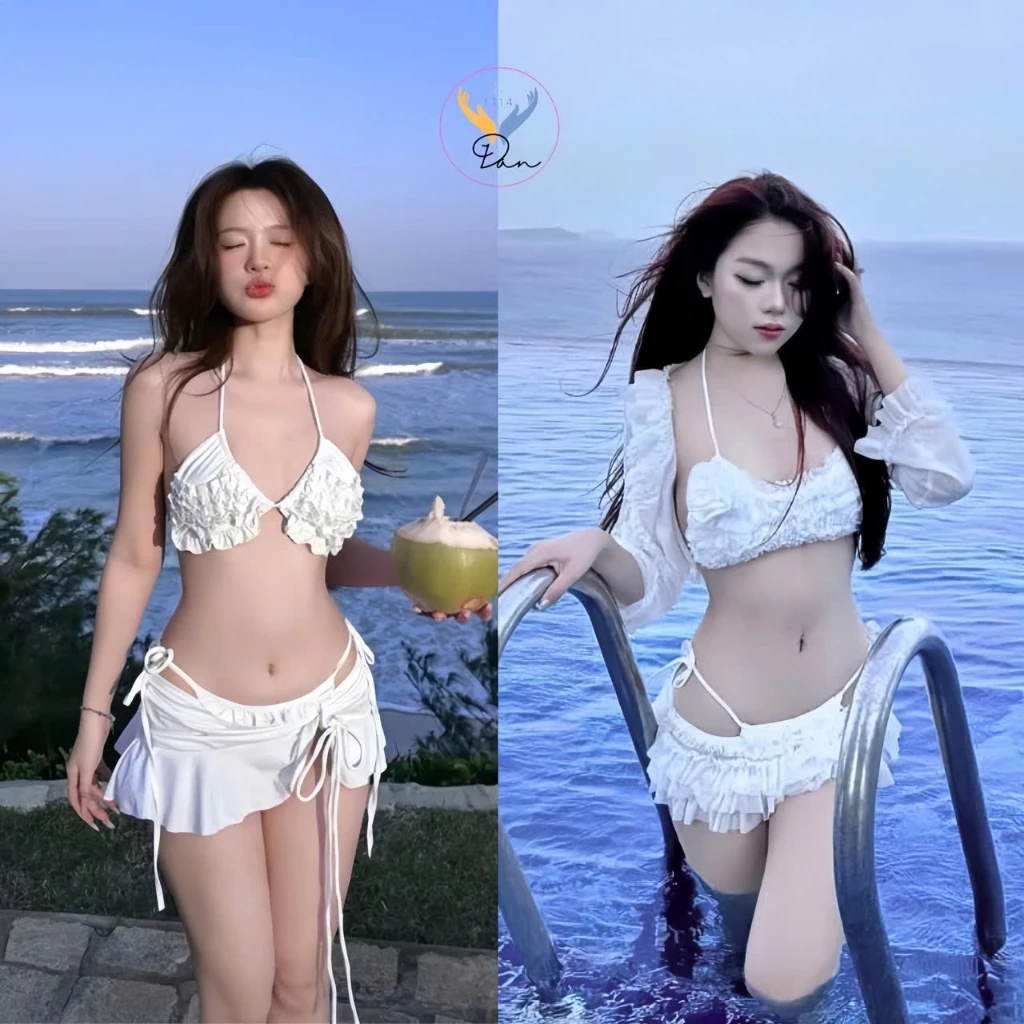 Bộ bikini đi biển - Set bikini 4 món bèo tầng đính hoa chất lưới thoáng mát sang chảnh dandan
