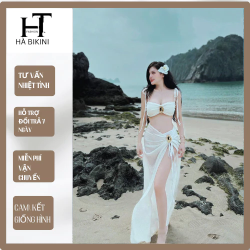 [ BKN979] Bikini đồ bơi đi biển set ba món HAI TANG VÀNG chất ren mềm sang xịn Hà BiKiNi
