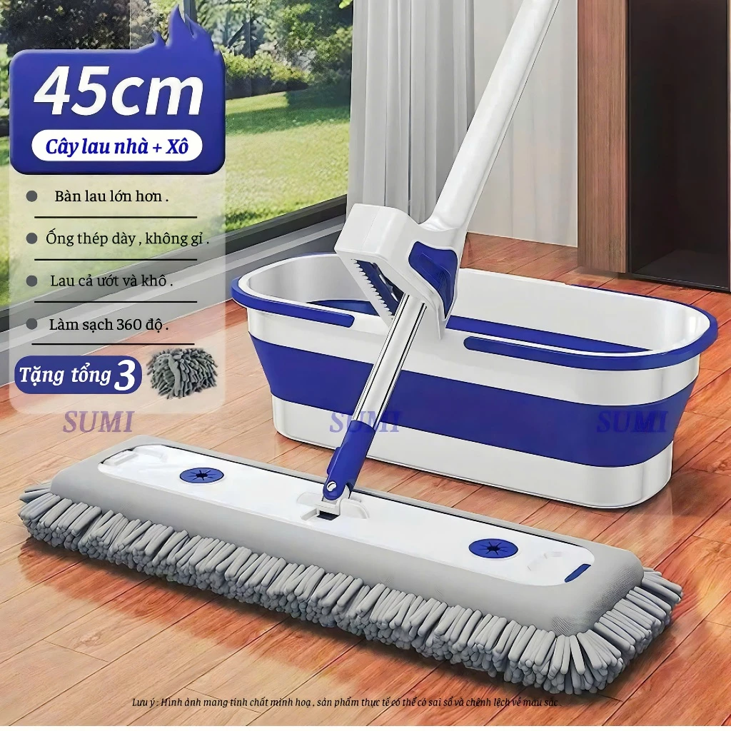 Bộ Cây Lau Nhà San Hô Tự Vắt SUMI 45cm, Cây Lau Nhà Đa Năng Xoay 360 Độ Tiện Dụng, Tặng Kèm Bông Lau