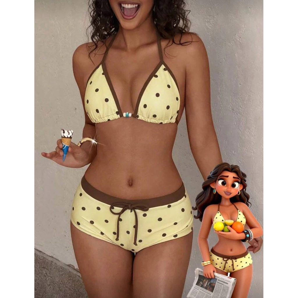 𝒫𝑒𝒶𝒸𝒽𝓎 𝒷𝒾𝓀𝒾𝓃𝒾 - Bộ Bikini Nữ chấm bi vàng cột dây