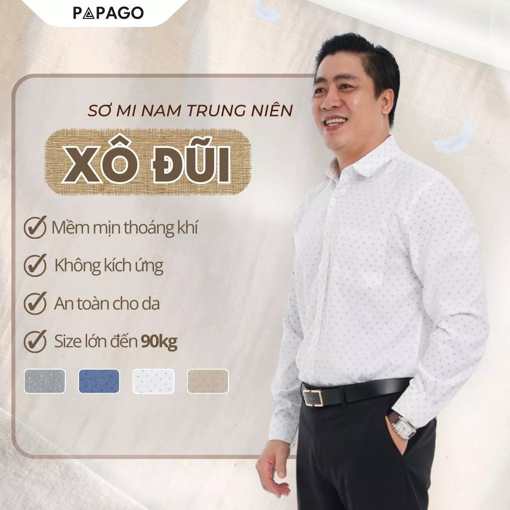 Áo Sơ Mi Nam Trung Niên PAPAGO Tay Dài Lai Bầu Vải Xô Đũi Thoáng Khí Mát Mẻ In Họa Tiết - P24SDHT001