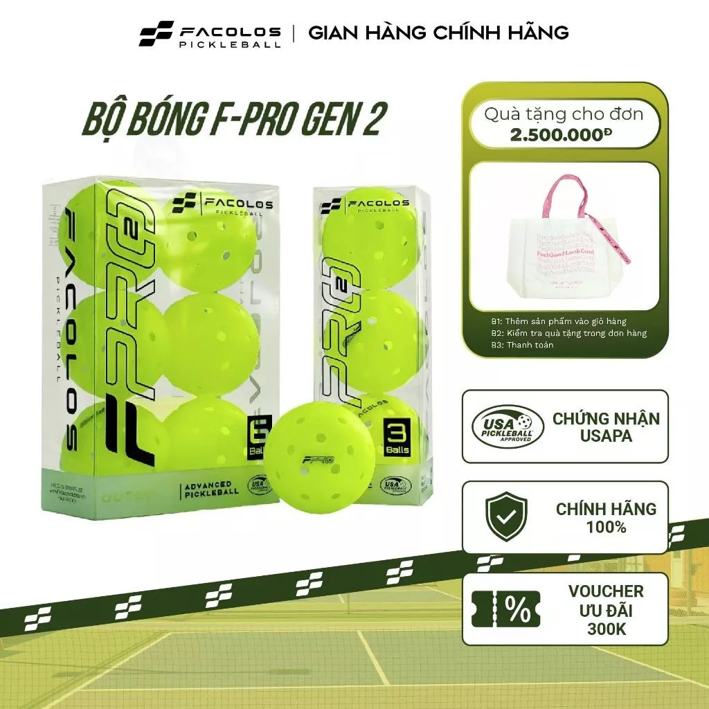 Bộ bóng pickleball Facolos F-Pro Gen 2 Advanced pickleball đạt chuẩn USAPA 40 lỗ với đường kính 74mm