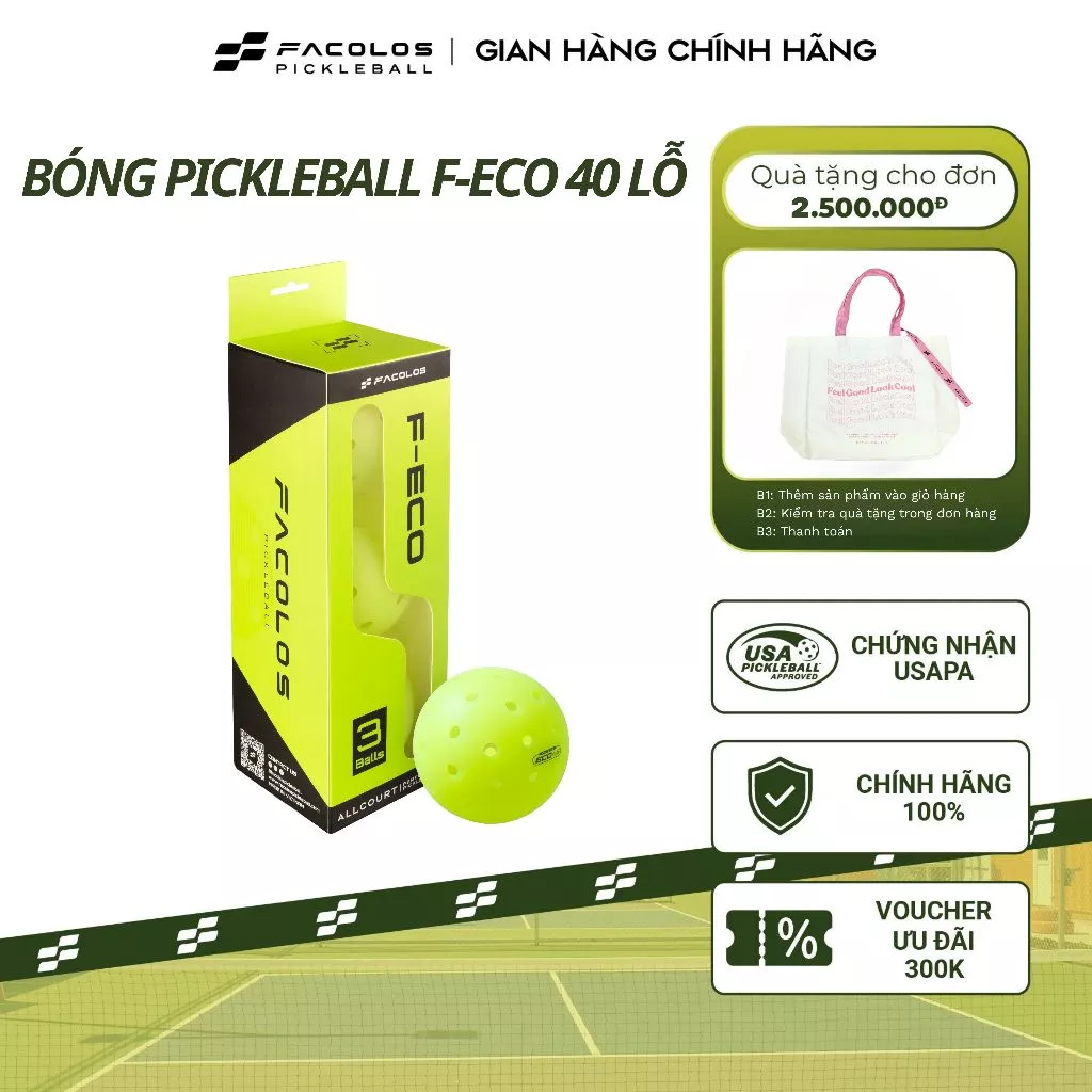 Bóng pickleball thi đấu Facolos F-ECO 40 lỗ đạt chuẩn USAPA đúc nguyên khối chống va đập và nứt vỡ