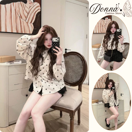 Áo sơ mi nữ, áo kiểu nữ DONNA HCOM27086 tay bồng dáng babydoll hoạ tiết chấm bi hot trend