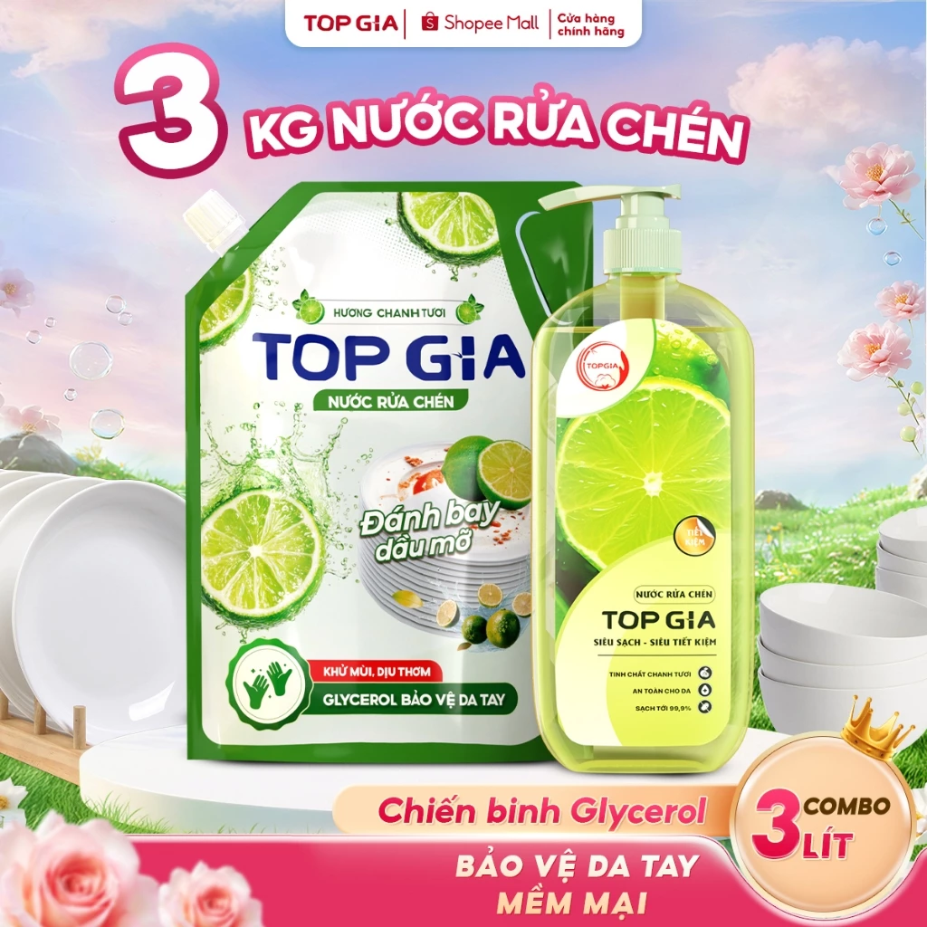 [COMBO 3KG TIẾT KIỆM] Nước Rửa Chén Bát TOPGIA Hương Thiên Nhiên, An Toàn Không Làm Khô Da