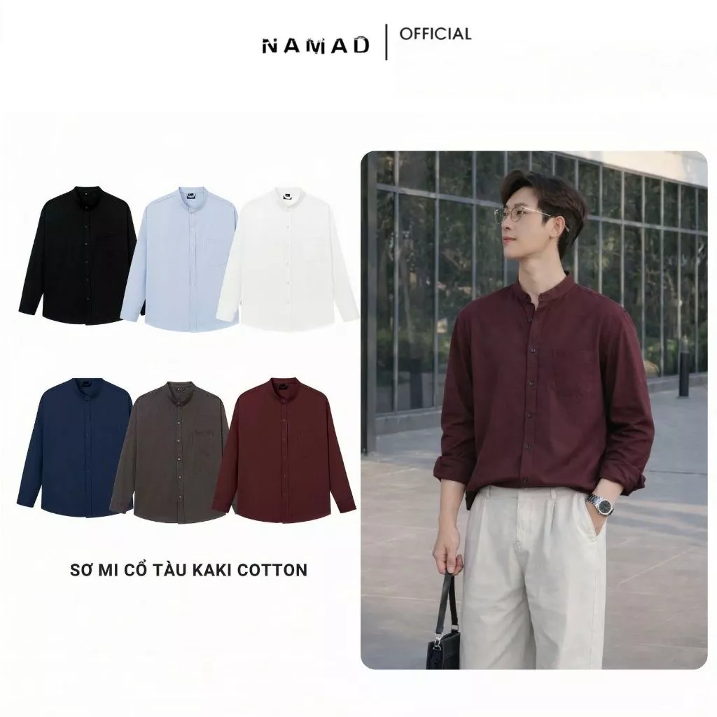 Áo Sơ Mi Cổ Tàu Dài Tay NAMAD Chất Liệu Kaki Cotton Mềm Mịn Forrm Rộng Thấm Hút Mồ Hôi 007