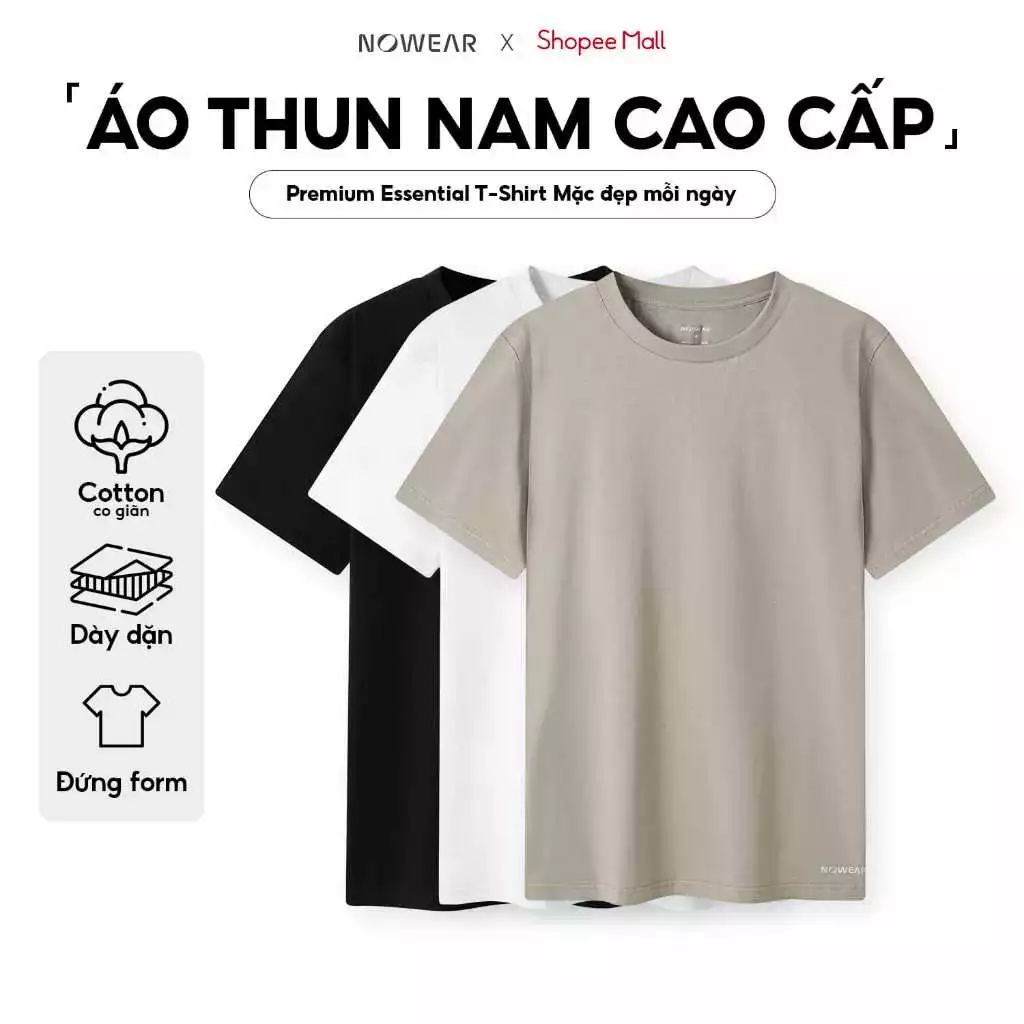 Áo Thun Nam Trơn NOWEAR (Premium Essential T-Shirt) - Cotton co giãn mát lạnh, chuẩn dáng giữ form, siêu thoáng