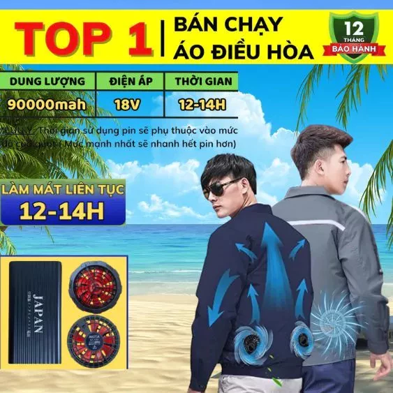 Áo quạt điều hòa kèm pin 98000mAh quạt 9 cánh không chổi than làm mát nhanh BH 18 tháng