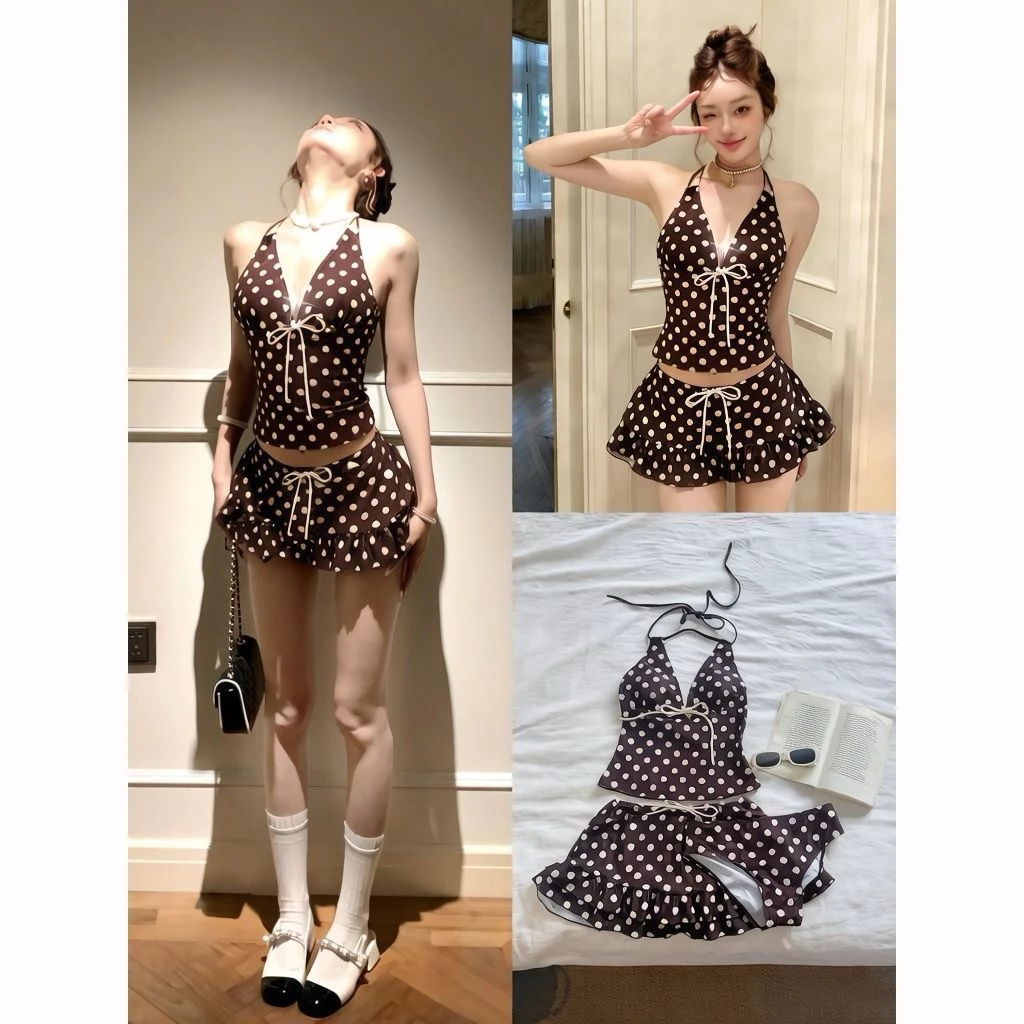 Sẵn M-Đồ Bơi Nữ 3 Mảnh Bikini Dạng Váy Chấm Bi Vintage Đen Nâu