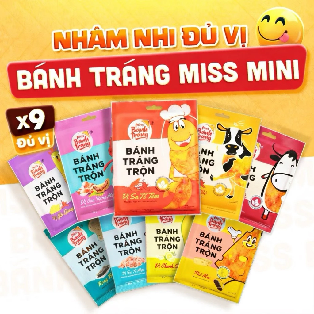 Combo 9 vị | Bánh Tráng Miss Mini nhà VINA SNACK | Bánh Tráng Trộn Gói 20-23 Gram Đủ Vị | Ngon Dễ Nghiện