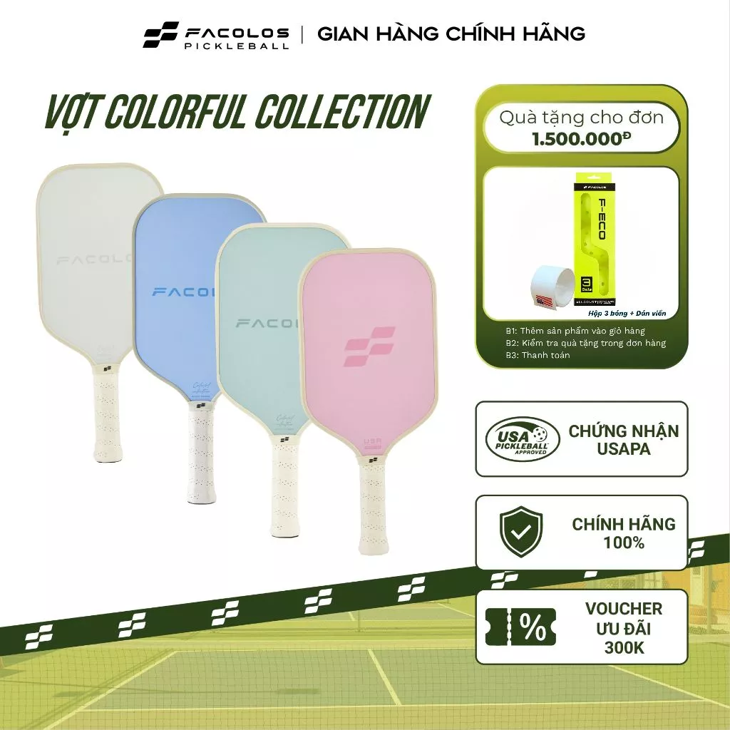 Vợt pickleball Facolos Colorful 16mm điểm chạm lớn, dễ kiểm soát, phù hợp cho người mới chơi