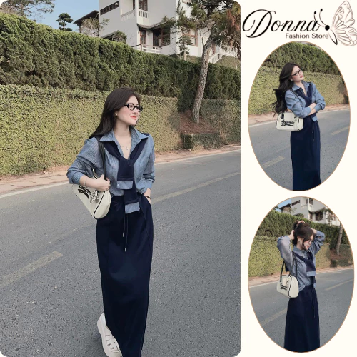 Set đồ nữ, đồ bộ nữ DONNA HCOM25798 áo sơ mi kèm khăn choàng mix chân váy suông dài