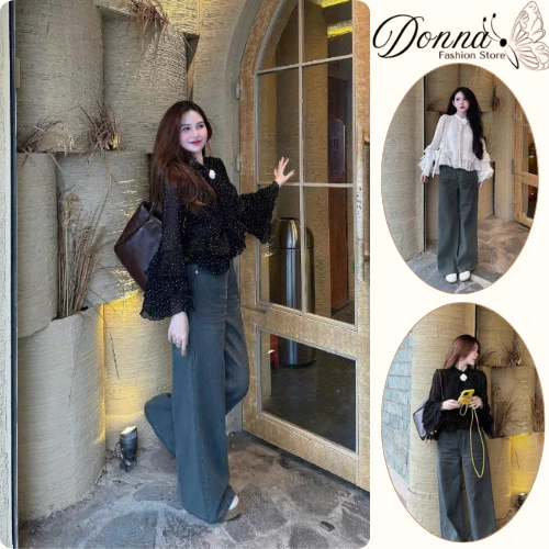 Áo sơ mi nữ, áo kiểu nữ DONNA HCOM26456 chấm vi tay dài loe tầng đính hoa trà tiểu thư, siêu xinh