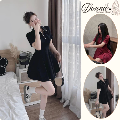 Đầm nữ, váy nữ DONNA HCOM25633 cổ bẻ dáng xoè chiết eo xinh xắn, phong cách Hàn Quốc