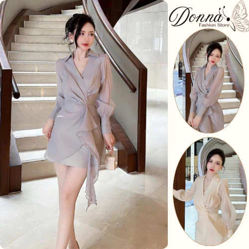 Váy nữ, đầm nữ DONNA HCOM2889 cổ V tay bồng xoắn eo chất tơ xốp mềm mịn, siêu sang