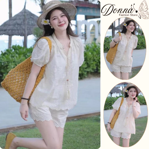 Set Đồ Nữ Trắng Kem Áo Ren Phối Quần Short – Đồ Bộ Nữ Đi Biển Du Lịch Nhẹ Nhàng Tiểu Thư DONNA HCOM26256