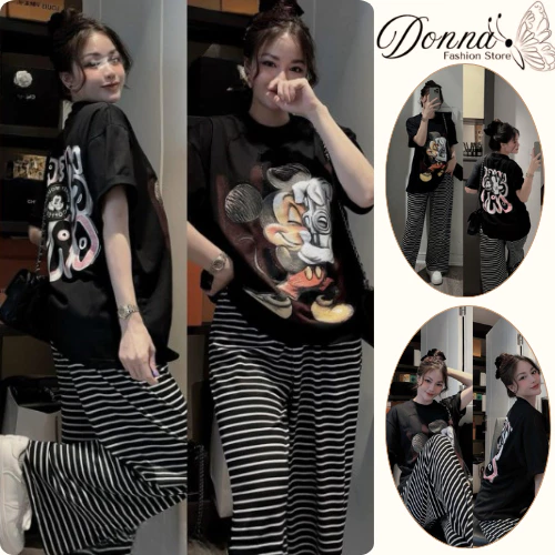 Set đồ nữ, đồ bộ nữ DONNA HCOM25315 áo phông form rộng in hình mickey mix quần suông kẻ