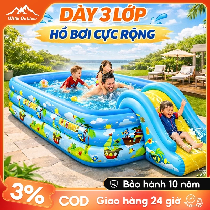 Hồ bơi phao gia đình 3 lớp siêu dày kèm cầu trượt, bể bơi cho bé an toàn, chịu lực cao 4-8 người