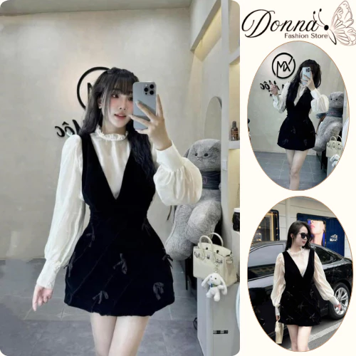 Set đồ nữ, đồ bộ nữ DONNA HCOM3450 áo tơ tay dài mix váy yếm nhung đính nơ tiểu thư, siêu sang