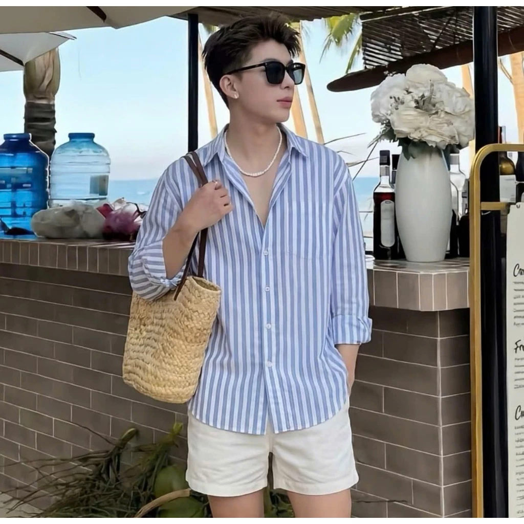 Áo Sơ Mi Nam Linen Sọc Xanh Đi Biển Mùa Hè Vải Thoáng Mát Thoải Mái ZUTEE ZT11
