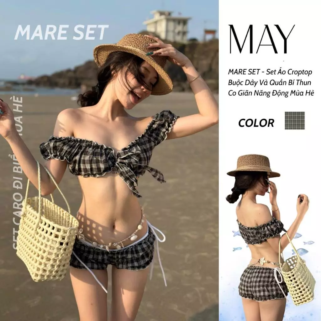 MARE SET - Set Áo Croptop Buộc Dây Và Quần Bí Thun Co Giãn Năng Động Mùa Hè