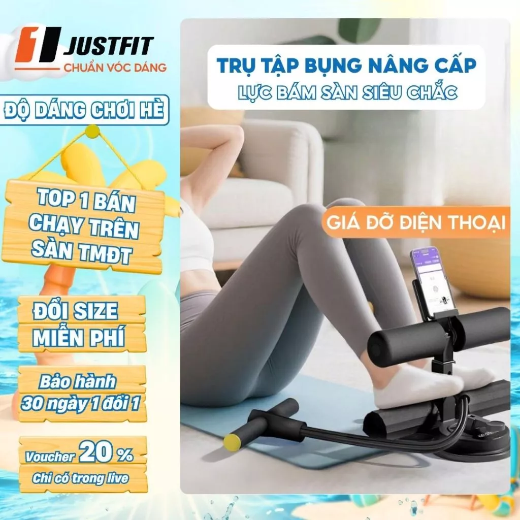 Dụng Cụ Tập Cơ Bụng Nâng Cấp Tại Nhà Đế Hút Chân Không Trụ Chữ T Kèm Dây Kéo Đàn Hồi 4 Ống JUSTFIT