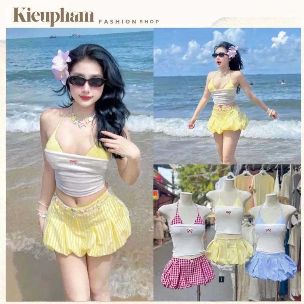 Set Bikini Sét Đi Biển 3 Món Áo Quây Bra Caro Phối Quần Đùi Bí Xếp Li Kẻ Sọc_Kieupham.shop