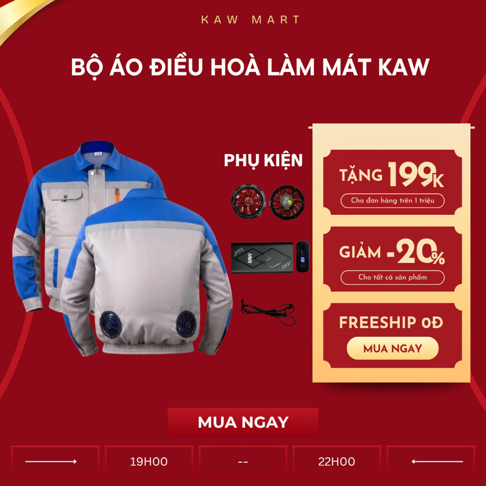 Áo Điều Hòa KAW Quạt Siêu Mạnh Không Chổi Than Độ Bền Cao, Pin 50000Mah Dùng Liên Tục Cả Ngày Dài Bảo Hành 12 Tháng