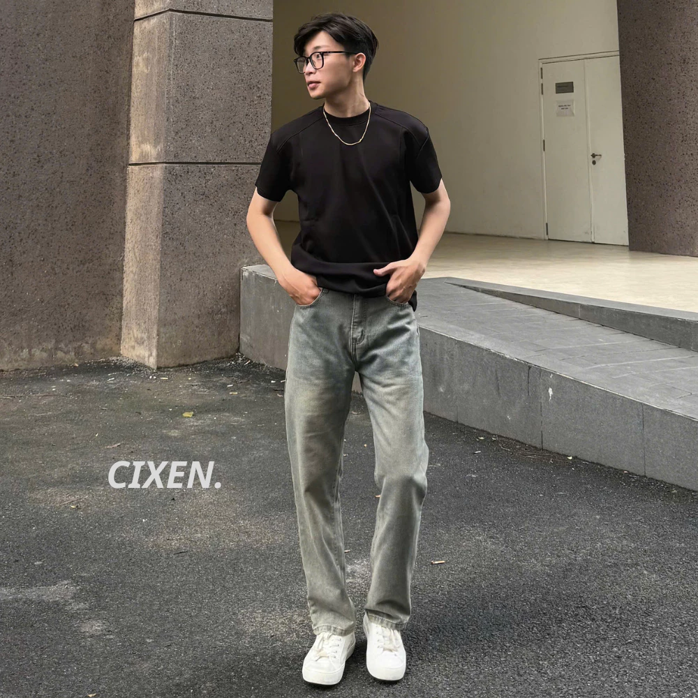 Quần jean nam ống suông wash Màu Bụi rêu Cạp cao hack dáng, quần jean bò dài streetwear đủ size [QD2]